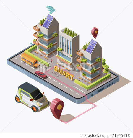 Smart city with office buildings, cars, road and people Smart city with office buildings, cars, road and people 71545118