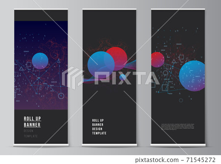 Vector layout of roll up mockup templates for vertical flyers, flags design templates, banner stands, advertising. Artificial intelligence, big data visualization. Quantum computer technology concept. 71545272