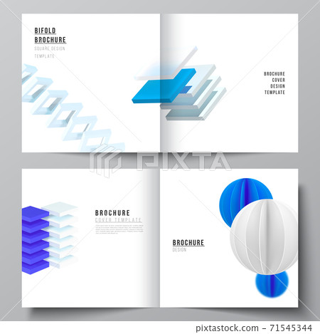 Vector layout of two covers template for square bifold brochure, flyer, magazine, cover design, book design, brochure cover. 3d render vector composition with realistic geometric blue shapes in motion Vector layout of two covers template for square bifold brochure, flyer, magazine, cover design, book design, brochure cover. 3d render vector composition with realistic geometric blue shapes in motion 71545344