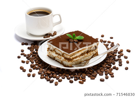 Traditional Italian Tiramisu dessert square portion on ceramic plate and cup of fresh espresso coffee isolated on white Traditional Italian Tiramisu dessert square portion on ceramic plate and cup of fresh espresso coffee isolated on white 71546830