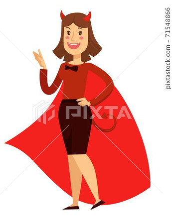 Office worker woman in devil costume with horns and cloak businesswoman Office worker woman in devil costume with horns and cloak businesswoman 71548866