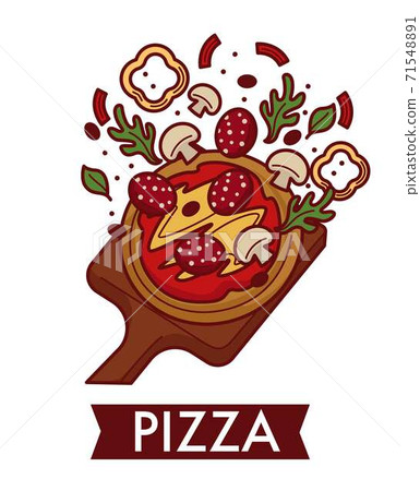 Pizza Italian cuisine dish on wooden cutting board cooking 71548891
