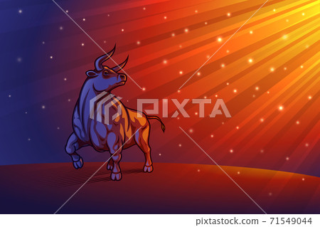 Bull on radiant beams background. Shiny glitter particles in rays divine Light. Ox is zodiac sign. Template design with copy space. Hard edge, heavy contour line. Vector illustration 71549044