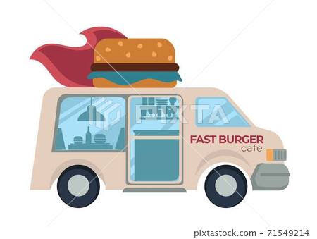 Fast burger cafe food truck with hamburger or cheeseburger on roof 71549214