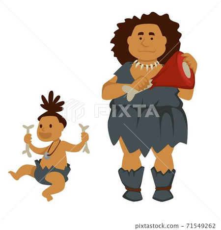 Primitive woman with meat and baby holding bones history 71549262