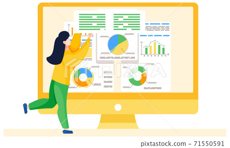 Woman is working and analyzing financial statistics. Girl employee holding a sign with text Woman is working and analyzing financial statistics. Girl employee holding a sign with text 71550591