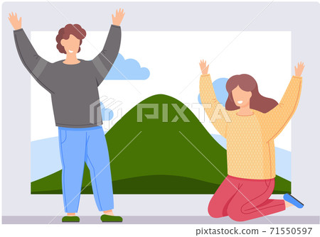 People group excited hold hands up raised arms. Winner success concept, happy characters People group excited hold hands up raised arms. Winner success concept, happy characters 71550597