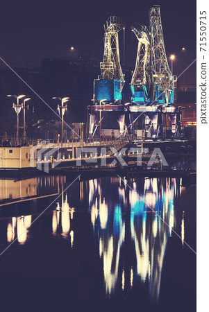 Illuminated port cranes on Lasztownia Island in Szczecin at night, Poland. 71550715