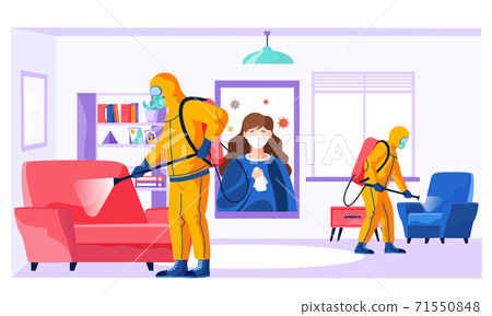 Men from pest control or sanitary service doing disinfection in office to kill viruses and bacteria Men from pest control or sanitary service doing disinfection in office to kill viruses and bacteria 71550848