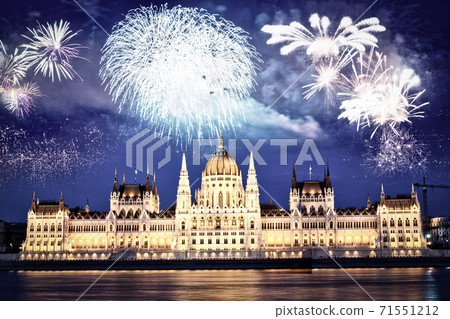 fireworks around Hungarian parliament- New Year, Budapest fireworks around Hungarian parliament- New Year, Budapest 71551212