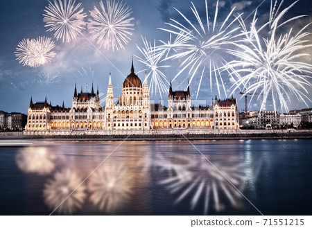 fireworks around Hungarian parliament- New Year, Budapest fireworks around Hungarian parliament- New Year, Budapest 71551215