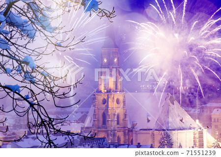 fireworks over Cluj-Napoca new year celebrations 71551239
