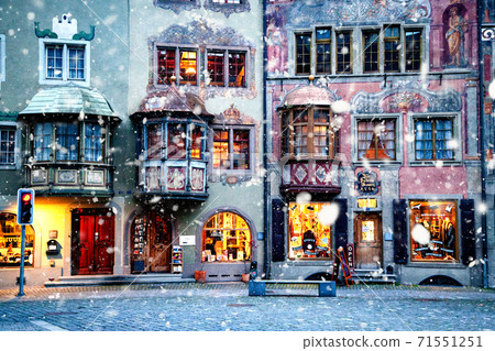 snowing in picturesque swiss village Stein am Rhein at night snowing in picturesque swiss village Stein am Rhein at night 71551251