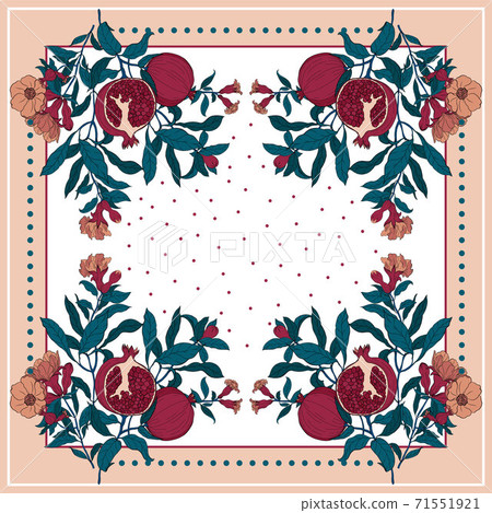 Silk scarf with pomegranate branch with fruits and flowers. 71551921