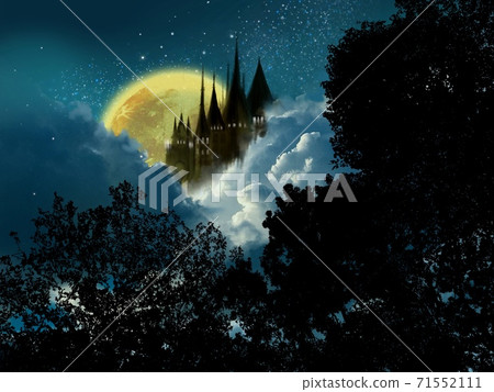 西方城堡的輪廓和夜空與深林中閃耀的星星 西方城堡的輪廓和夜空與深林中閃耀的星星 71552111