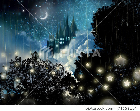 The silhouette of a western castle over the deep forest and the night sky with shining stars 71552114