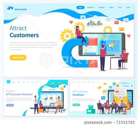 Website Templates. Concept of attracting customers, analysis of customer demand, get user feedback Website Templates. Concept of attracting customers, analysis of customer demand, get user feedback 71552783