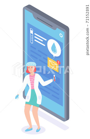 Laboratory assistant chat with patient online. Smartphone screen with tests and diagnosis data 71552891