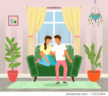 Young married couple at home on the couch, sitting and embracing. Home relaxion, movie discussion Young married couple at home on the couch, sitting and embracing. Home relaxion, movie discussion 71552904
