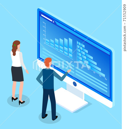 Man and woman study charts, bar charts, analytical data. Large monitor with data. Isometric image Man and woman study charts, bar charts, analytical data. Large monitor with data. Isometric image 71552909