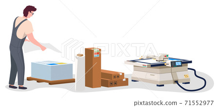 Man working in typography at print to printer. Print house worker stacks printed sheets of paper Man working in typography at print to printer. Print house worker stacks printed sheets of paper 71552977