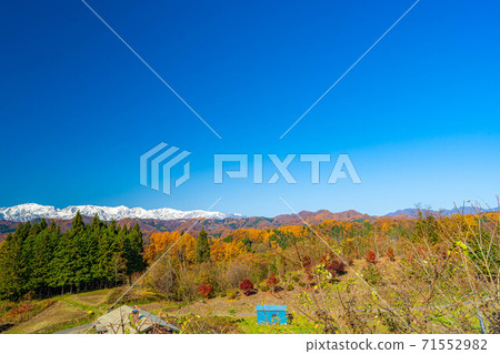 Three-tiered autumn leaves in the Northern Alps seen from Ogawa Village [Nagano Prefecture] 71552982