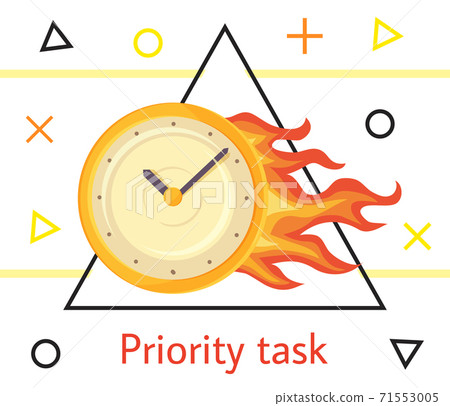 Priority task concept illustration with wall round yellow clock is ablaze with bright fire 71553005