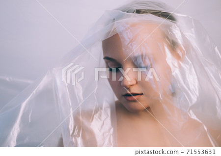 art portrait plastic reuse upset woman cellophane art portrait plastic reuse upset woman cellophane 71553631