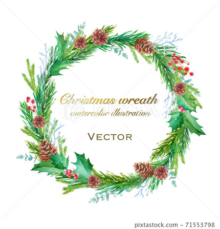 Watercolor illustrations of Christmas wreaths such as pine cones, fir branches, and holly. Trace vector. 71553798