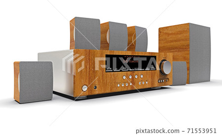 DVD receiver and home theater system with speakers and subwoofer made of aluminum and wood. 3d illustration. 71553951