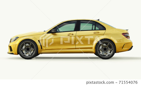 Super fast sports car color gold metallic on a white background. Body shape sedan. Tuning is a version of an ordinary family car. 3d rendering. 71554076