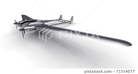 Three-dimensional model of the bomber aircraft of the second world war. Shiny aluminum body with two tails and wide wings. Turboprop engine. Shiny gray airplane on a white background. 3d illustration. 71554077