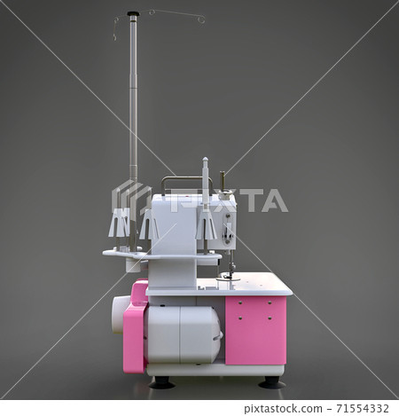 Pink overlock on a grey background. Equipment for sewing production. Sewing clothes and textiles. 3d illustration. Pink overlock on a grey background. Equipment for sewing production. Sewing clothes and textiles. 3d illustration. 71554332