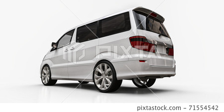 White small minivan for transportation of people. Three-dimensional illustration on a glossy white background. 3d rendering. 71554542