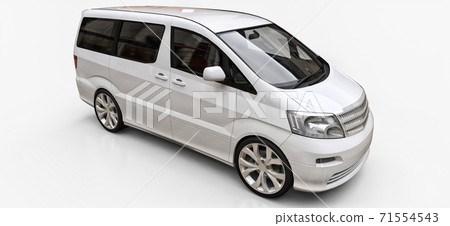 White small minivan for transportation of people. Three-dimensional illustration on a glossy white background. 3d rendering. White small minivan for transportation of people. Three-dimensional illustration on a glossy white background. 3d rendering. 71554543