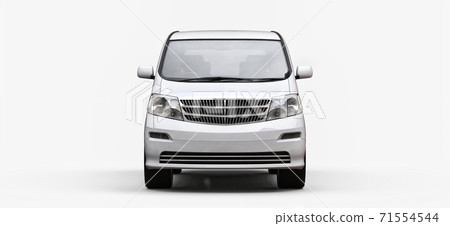 White small minivan for transportation of people. Three-dimensional illustration on a glossy white background. 3d rendering. 71554544