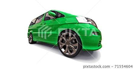 Green small minivan for transportation of people. Three-dimensional illustration on a white background. 3d rendering. Green small minivan for transportation of people. Three-dimensional illustration on a white background. 3d rendering. 71554604