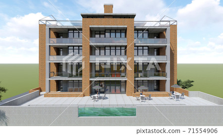 Small functional condominium with its own enclosed area, garage and swimming pool. Area with umbrellas for relaxing in warm weather. Summer Sunny day with small clouds. 3d rendering. 71554906