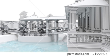 Large Asian-style villa with garden, pool and tennis court. The building and the territory in contour lines with soft scattered shadows. 3d illustration. Large Asian-style villa with garden, pool and tennis court. The building and the territory in contour lines with soft scattered shadows. 3d illustration. 71554923