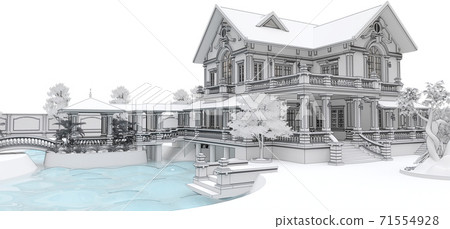 Large Asian-style villa with garden, pool and tennis court. The building and the territory in contour lines with soft scattered shadows. 3d illustration. Large Asian-style villa with garden, pool and tennis court. The building and the territory in contour lines with soft scattered shadows. 3d illustration. 71554928