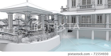 Large Asian-style villa with garden, pool and tennis court. The building and the territory in contour lines with soft scattered shadows. 3d illustration. Large Asian-style villa with garden, pool and tennis court. The building and the territory in contour lines with soft scattered shadows. 3d illustration. 71554930