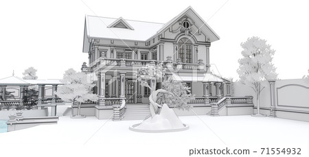 Large Asian-style villa with garden, pool and tennis court. The building and the territory in contour lines with soft scattered shadows. 3d illustration. Large Asian-style villa with garden, pool and tennis court. The building and the territory in contour lines with soft scattered shadows. 3d illustration. 71554932