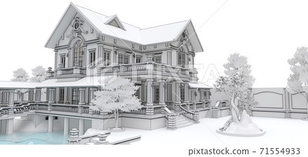 Large Asian-style villa with garden, pool and tennis court. The building and the territory in contour lines with soft scattered shadows. 3d illustration. Large Asian-style villa with garden, pool and tennis court. The building and the territory in contour lines with soft scattered shadows. 3d illustration. 71554933