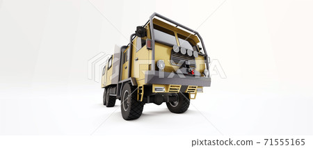 Big truck prepared for long and difficult expeditions in remote areas. Truck with a house on wheels. 3d illustration. 71555165