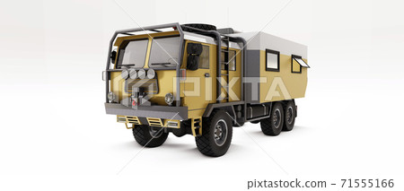 Big truck prepared for long and difficult expeditions in remote areas. Truck with a house on wheels. 3d illustration. 71555166