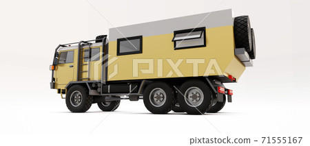 Big truck prepared for long and difficult expeditions in remote areas. Truck with a house on wheels. 3d illustration. 71555167