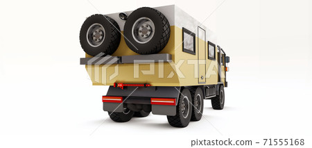 Big truck prepared for long and difficult expeditions in remote areas. Truck with a house on wheels. 3d illustration. 71555168