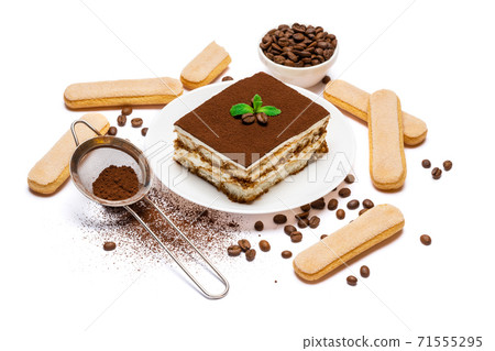 Traditional Italian Tiramisu dessert square portion on ceramic plate and savoiardi cookies isolated on white Traditional Italian Tiramisu dessert square portion on ceramic plate and savoiardi cookies isolated on white 71555295