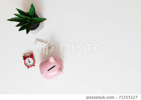 Freelance office workplace work concept. Red notebook, nature plant, alarm clock and piggy bank on a white minimalistic background with copy space. Minimal work space 71555527