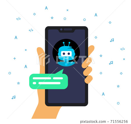 Concept online shop conversation with chatbot. Hand holding a mobile phone. 71556256